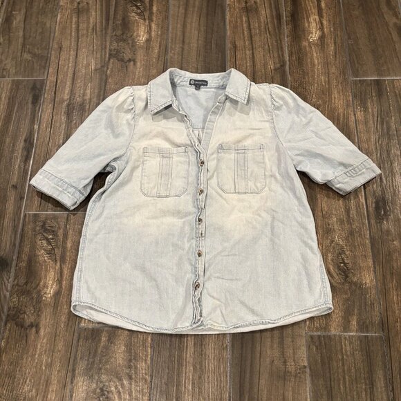 Democracy Elbow Puff Sleeve Button Down Washed Blue Denim Shirt Small (123) - Picture 2 of 7